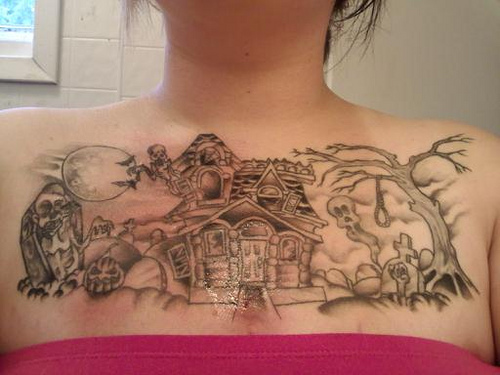 Grey Ink Haunted House Tattoo On Girl Chest