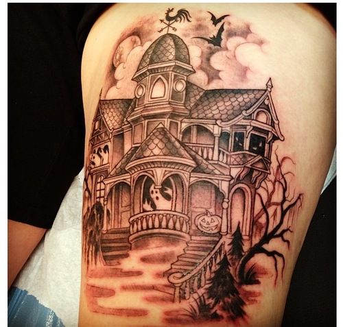Grey Ink Haunted House Tattoo On Left Thigh