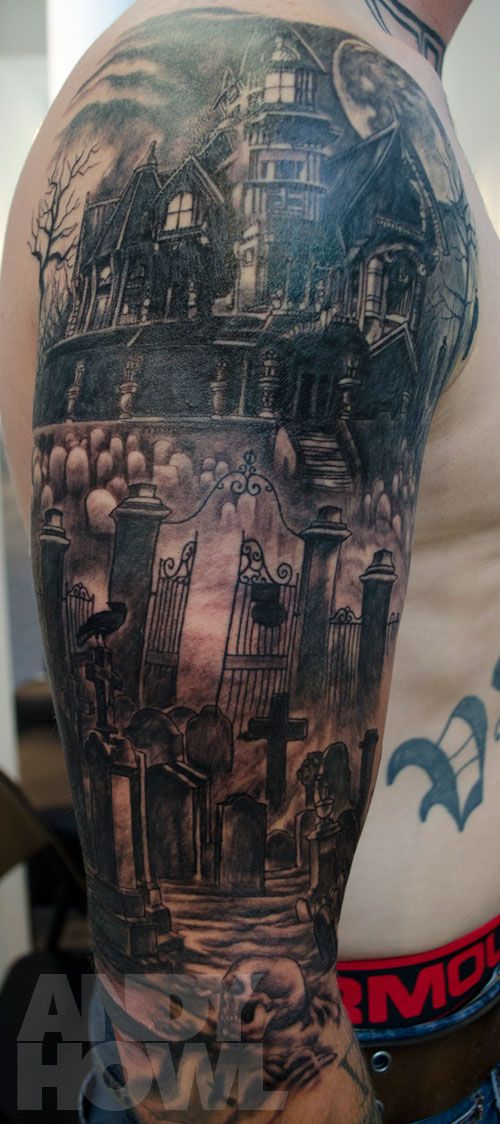 Grey Ink Haunted House Tattoo On Right Sleeve