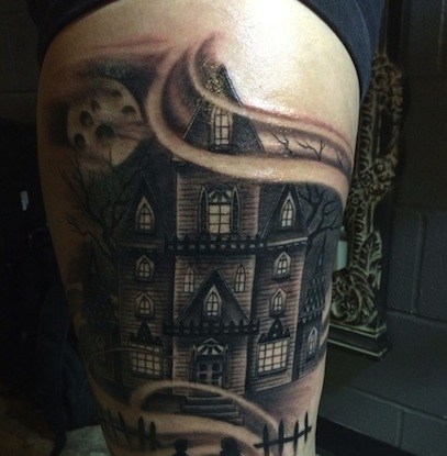 Grey Ink Haunted House Tattoo On Side Thigh