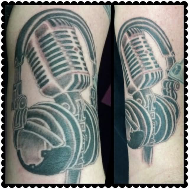 Grey Ink Headphone And Microphone Tattoo