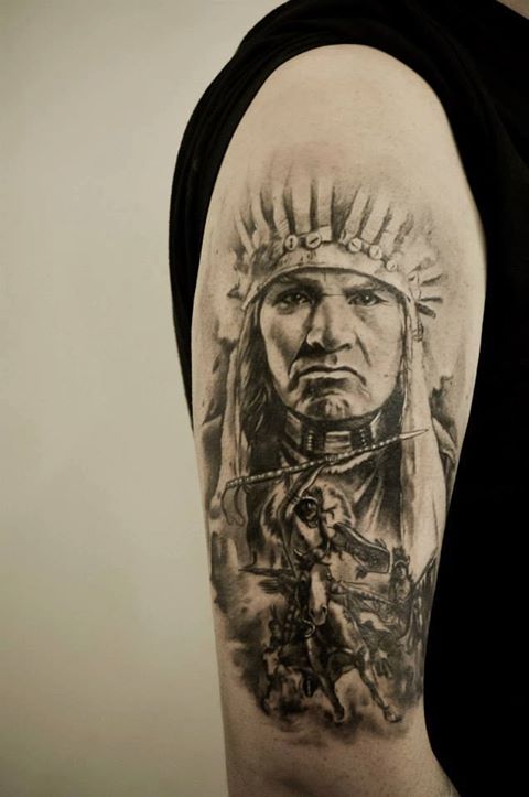 Grey Ink Indian Chief Female Tattoo On Right Half Sleeve