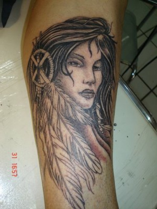 Grey Ink Indian Chief Female With Dreamcatcher Tattoo Design For Sleeve