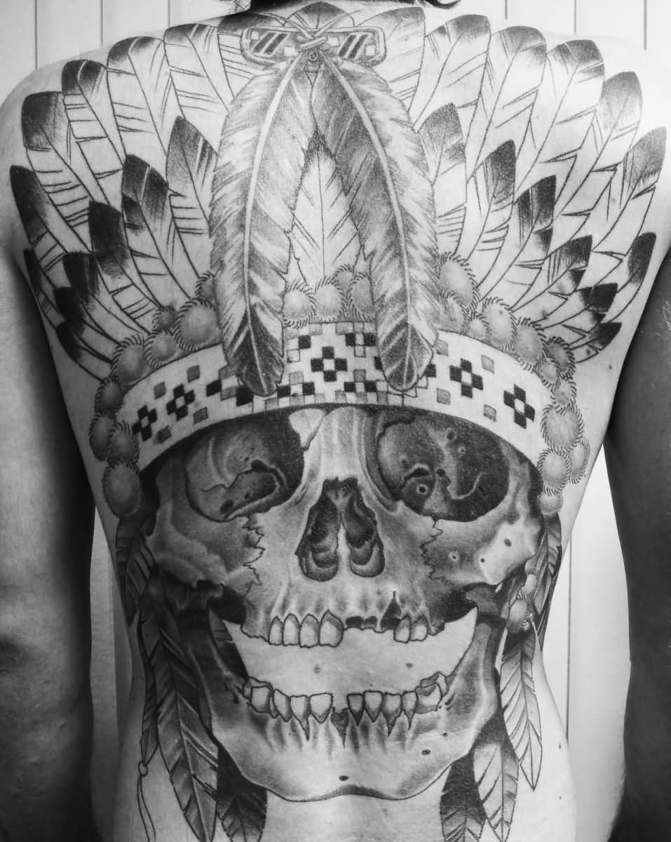 Grey Ink Indian Chief Skull Head Tattoo On Full Back