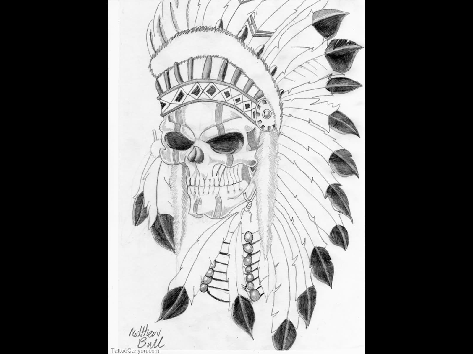 Grey Ink Indian Chief Skull Tattoo Design