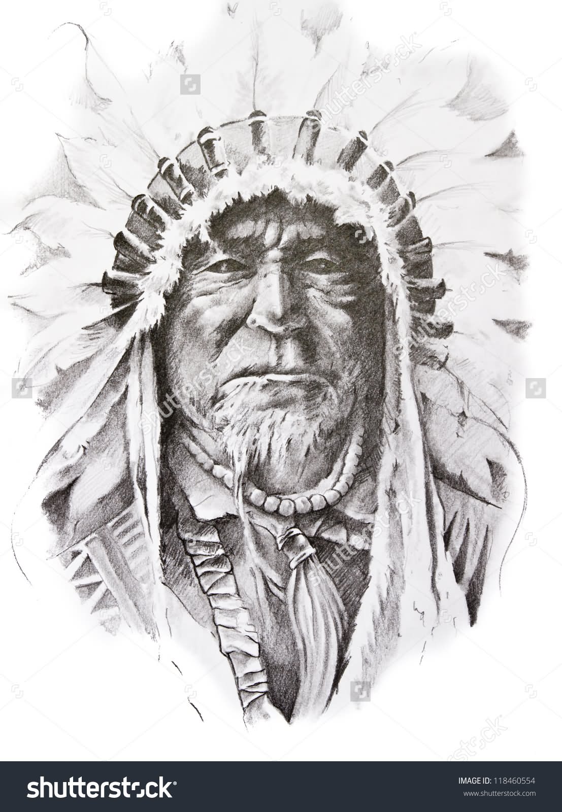 Grey Ink Indian Chief Tattoo Design By