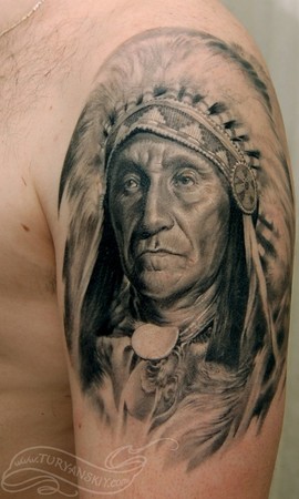 Grey Ink Indian Chief Tattoo On Left Half Sleeve By Oleg Turyanskiy