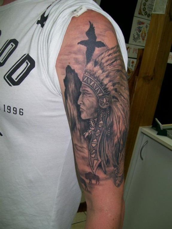 Grey Ink Indian Chief With Flying Bird Tattoo On Half Sleeve