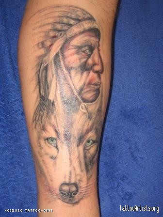 Grey Ink Indian Chief With Wolf Tattoo Design For Leg