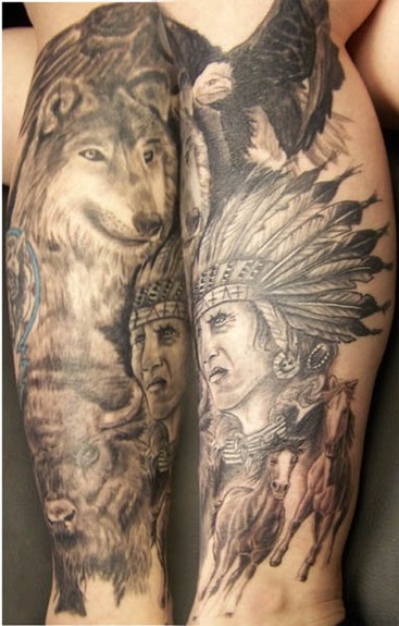 Grey Ink Indian Chief With Wolf Tattoo On Leg