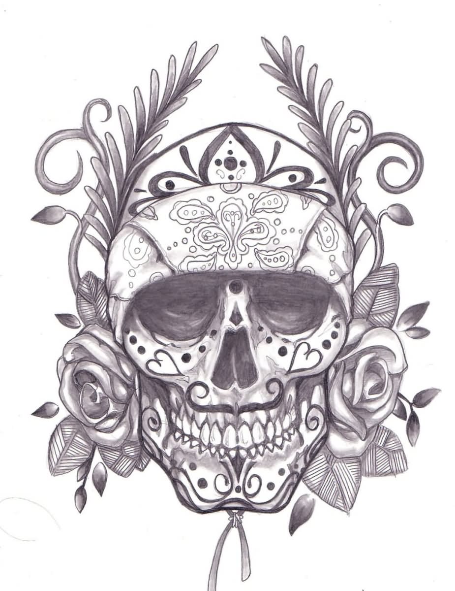 Grey Ink Indian Sugar Skull With Roses Tattoo Design