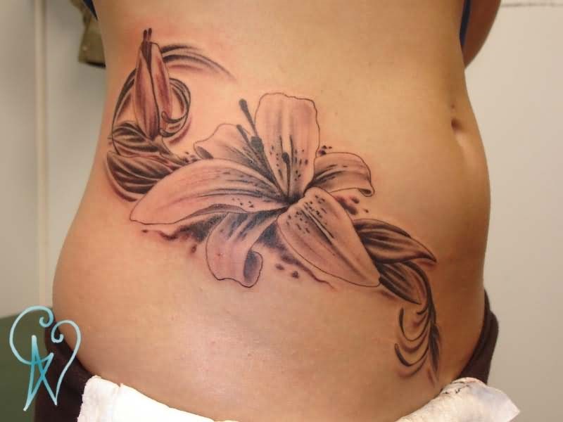 Grey Ink Lily Flowers Tattoo Design For Girl Stomach