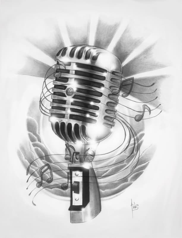 Grey Ink Mic And Music Notes Tattoo Drawing by Packness