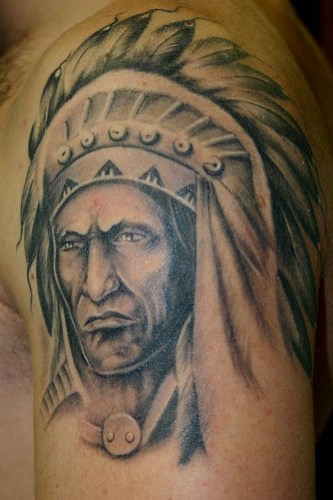 Grey Ink Native Indian Face Tattoo Design For Shoulder