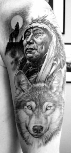 Grey Ink Native Indian With Wolf Head Tattoo On Left Half Sleeve