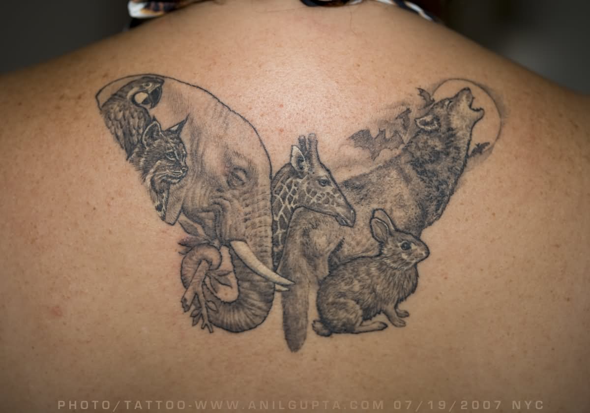 Grey Ink Nature Animals Tattoo On Upper Back