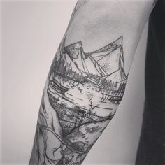 Grey Ink Nature Mountain Tattoo On Forearm