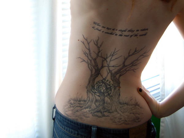 Grey Ink Nature Trees Tattoo On Back