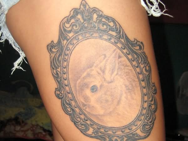 Grey Ink Rabbit Hand Mirror Tattoo On Side Thigh