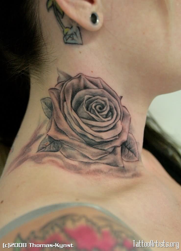 Grey Ink Rose Tattoo On Girl Side Neck