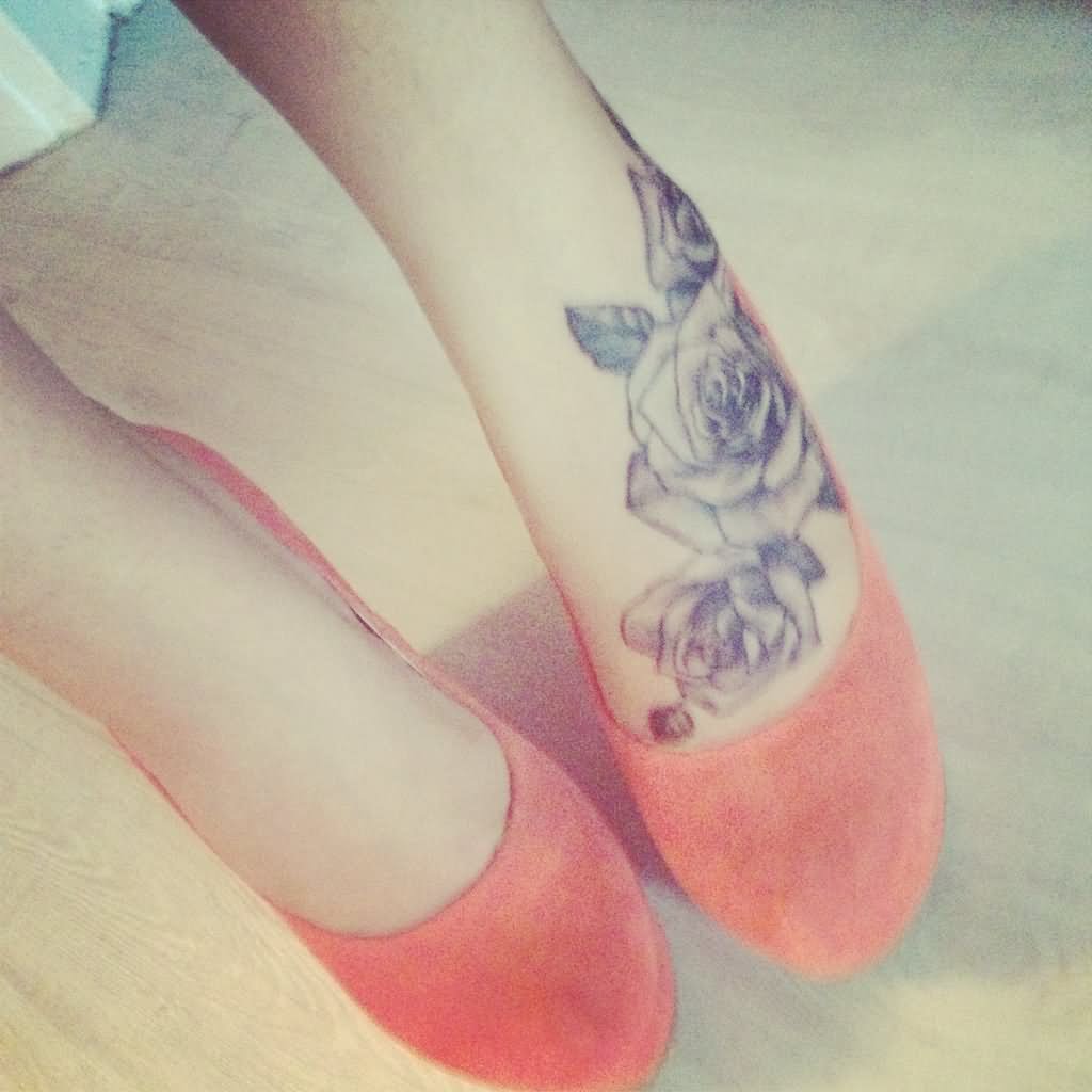 Grey Ink Roses Tattoo On Girl Left Foot