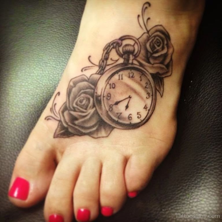 Grey Ink Roses With Pocket Watch Tattoo On Girl Left Foot