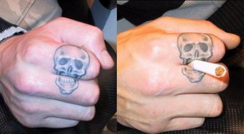 Grey Ink Skull Tattoo On Finger