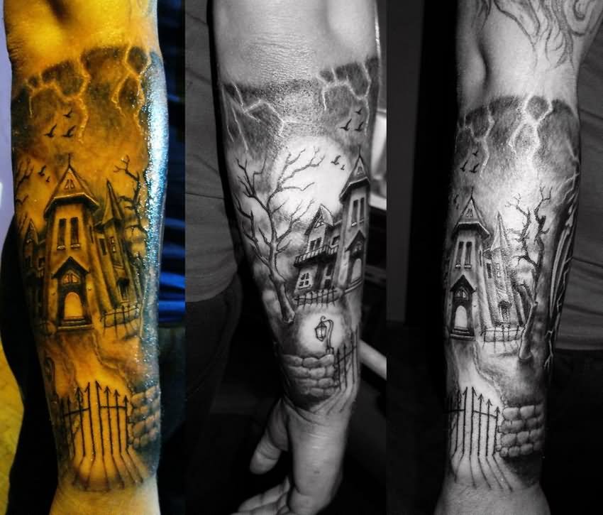 Grey Ink Traditional Haunted House Tattoo by Shizzuro