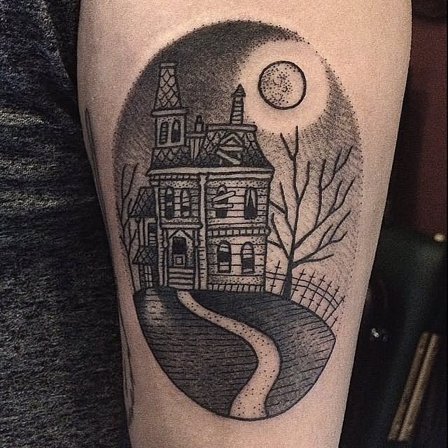 Grey Ink Traditional Haunted House Tattoo