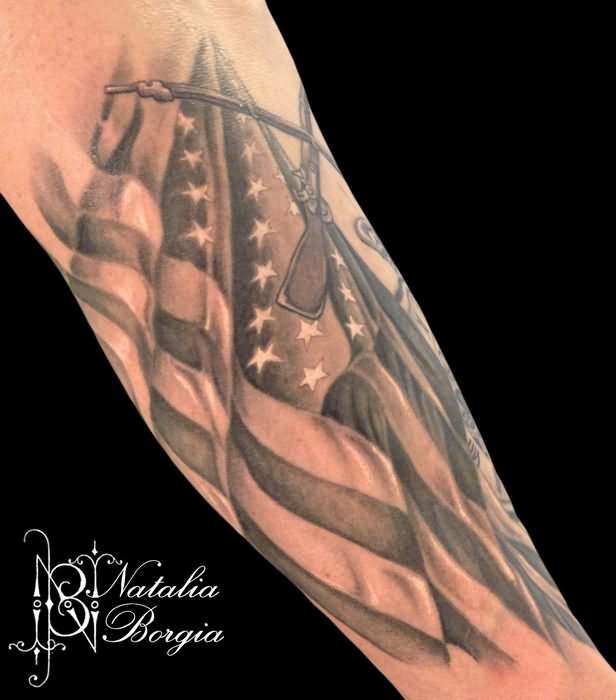 Grey Ink USA Flag Tattoo Design For Sleeve