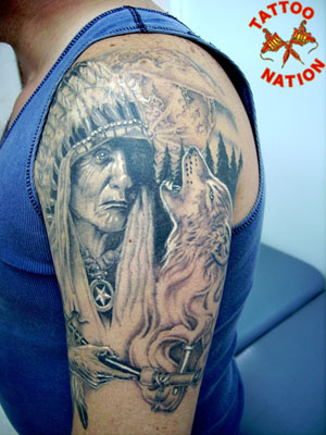 Grey Ink indian Chief With Wolf Tattoo On Left Half Sleeve