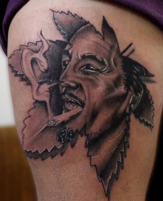 Grey Marijuana Leaf Bob Marley Tattoo