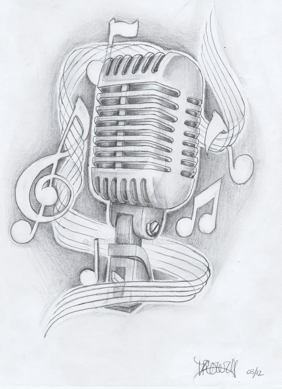 Grey Music Notes And Microphone Tattoo Drawing