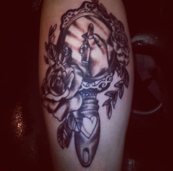 Grey Rose Flower And Hand Mirror Tattoo