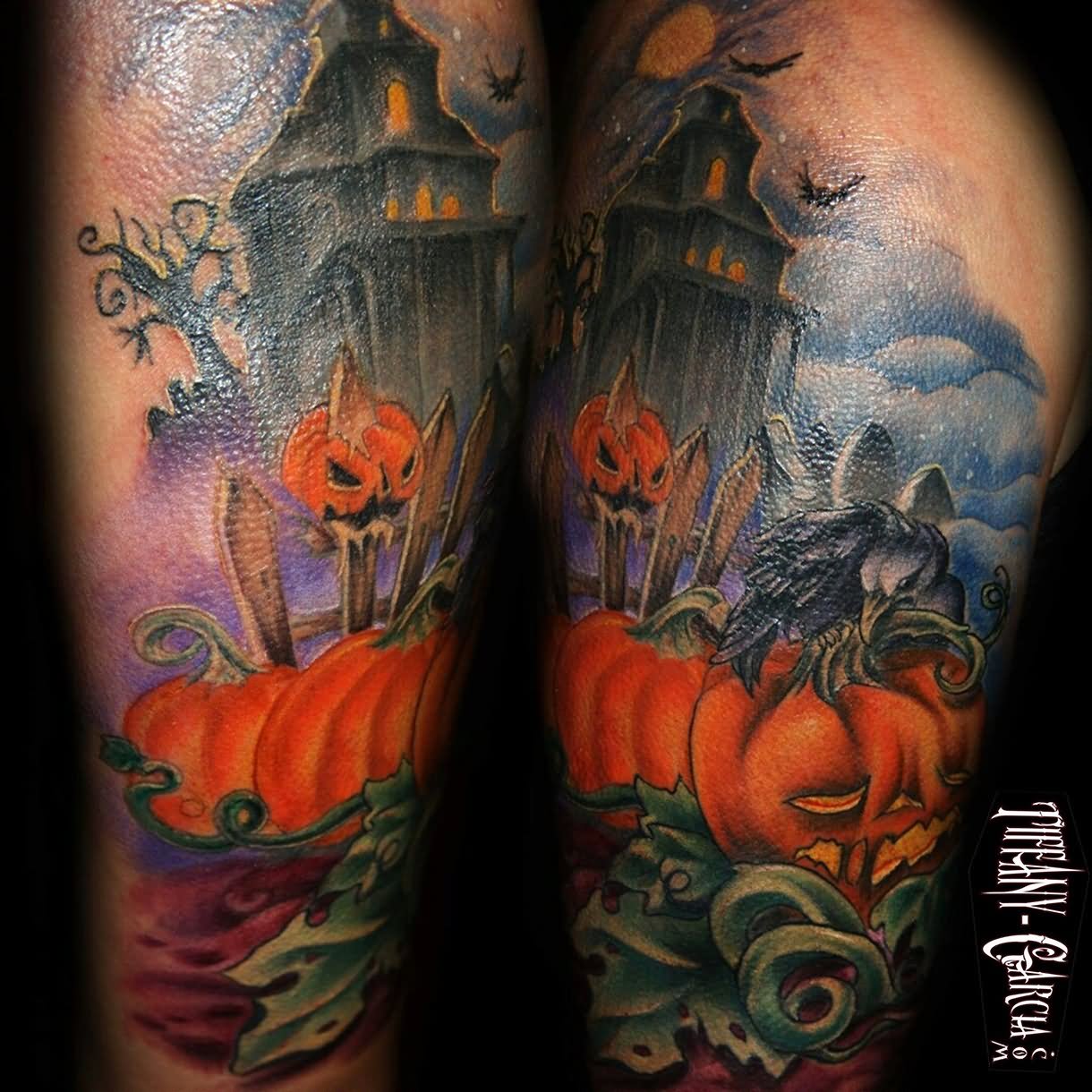 Halloween Pumpkins Haunted House Tattoo