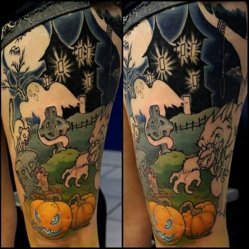 Halloween Haunted House Tattoo On Thigh