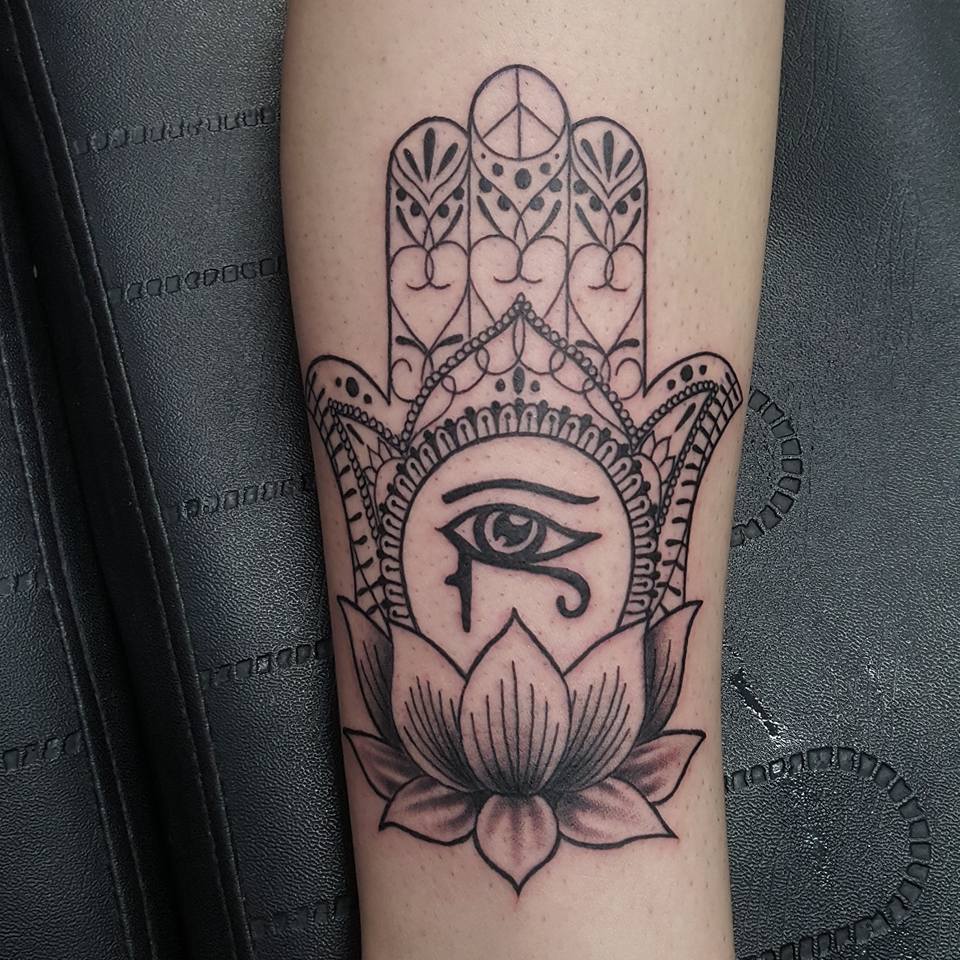 Hamsa And Lotus Tattoo On Arm by Jamie