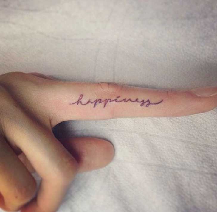 Happiness Lettering Tattoo On Finger