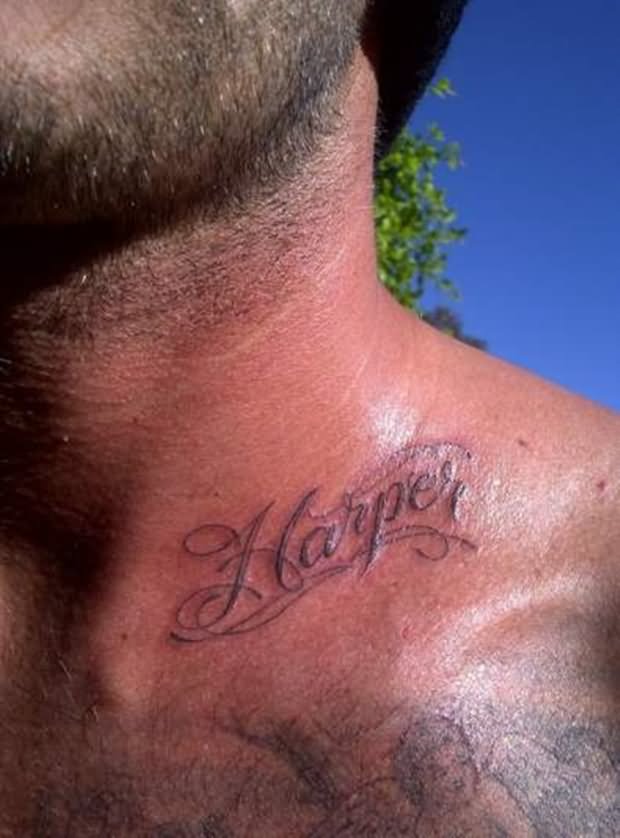 Harper Lettering Tattoo On Man Collar Bone