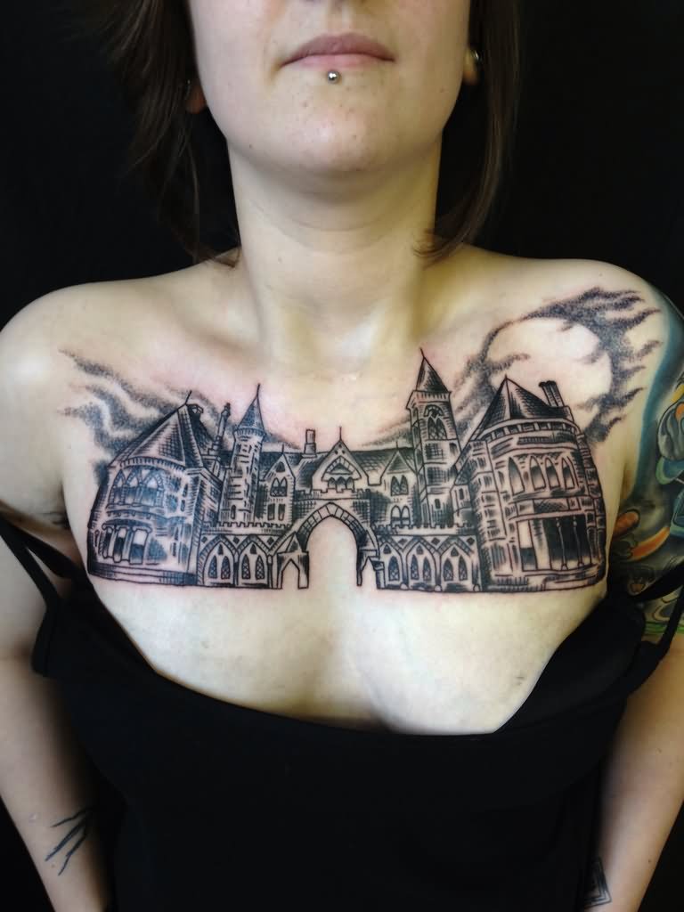 Haunted House Tattoo On Girl Chest by Danmorris