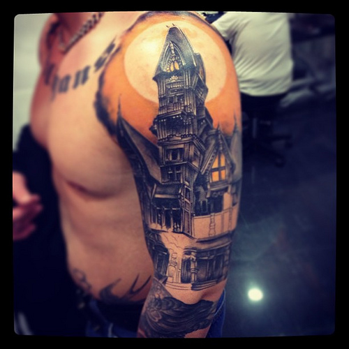 Haunted House Tattoo On Guy Left Shoulder