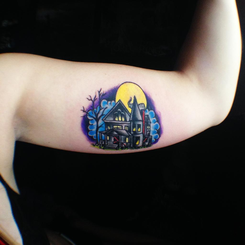 Haunted House Tattoo On Inner Bicep