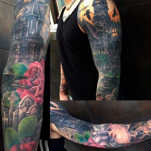 Haunted House Tattoo On Left Sleeve by Jose Gonzales
