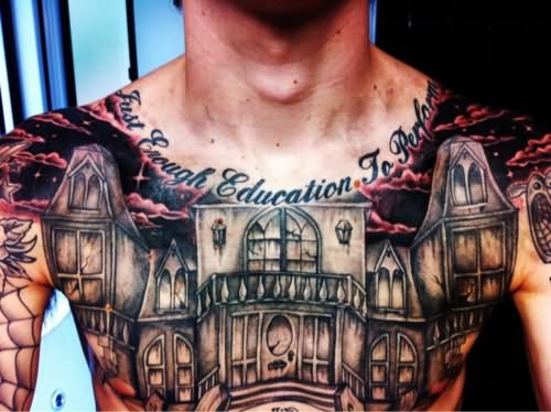 Haunted House Tattoo On Man Chest