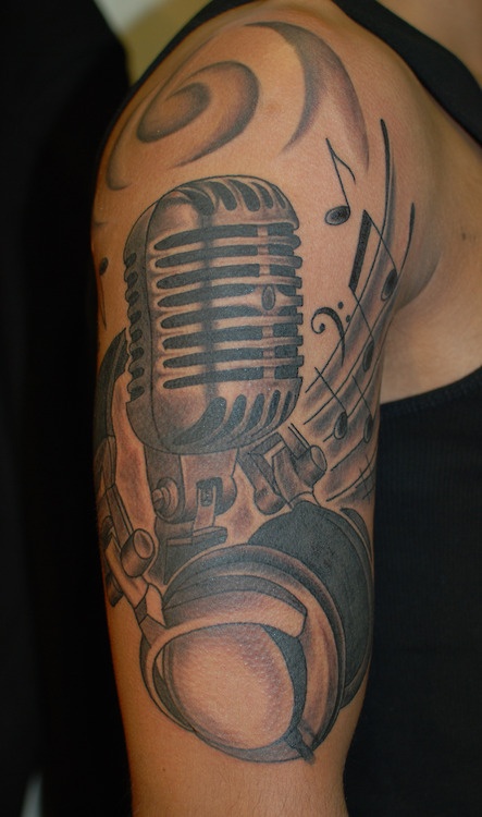 Headphone And Microphone Tattoo On Right Half Sleeve