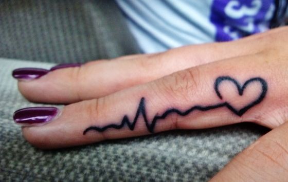 Heart With Heartbeat Tattoo On Girl Finger