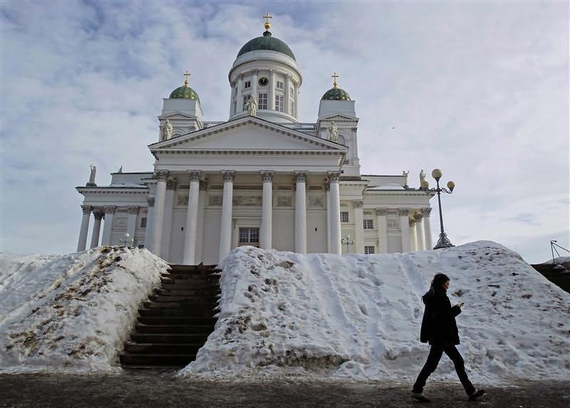 Heavy Snow In Front Of Helsinki Cathedral