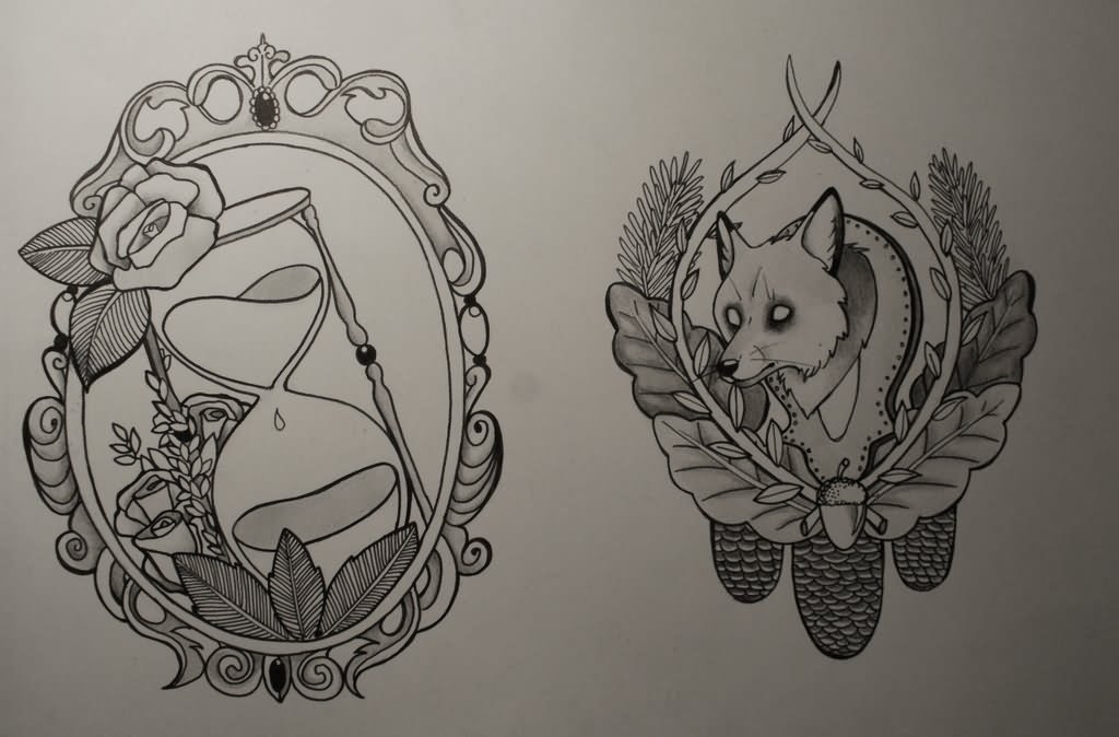 Hourglass And Fox Head Hand Mirror Tattoo Designs