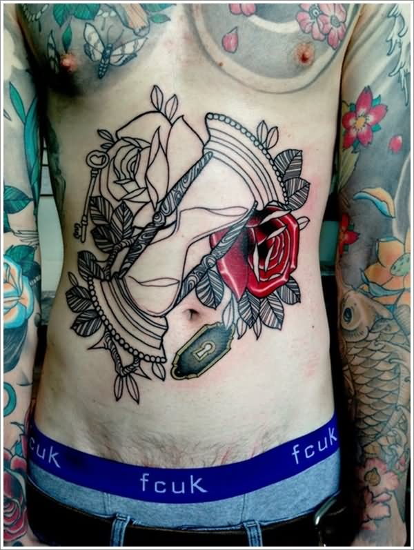 Hourglass With Roses Tattoo On Man Stomach