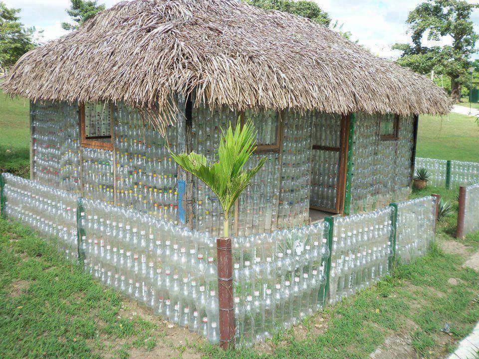 Hut made with waste plastic bottles